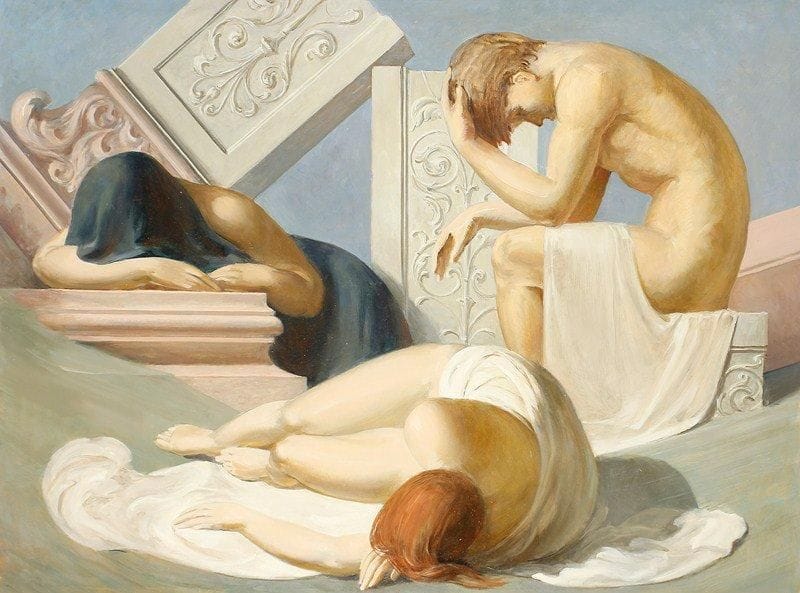 Paul MANTES (1921-2004)
Nus aux colonnes en ruines Huile sur toile. Non signée. 73 x 100 cm