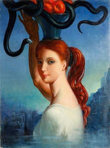 Paul MANTES (1921-2004)
Femme au serpent Huile sur toile. Non signée. Petits manques. 73 x 54 cm