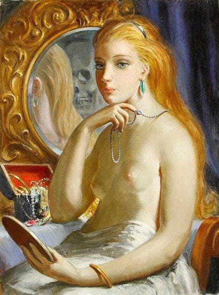 Paul MANTES (1921-2004)
Femme au miroir et vanité Huile sur toile. Non signée. 73 x 54 cm