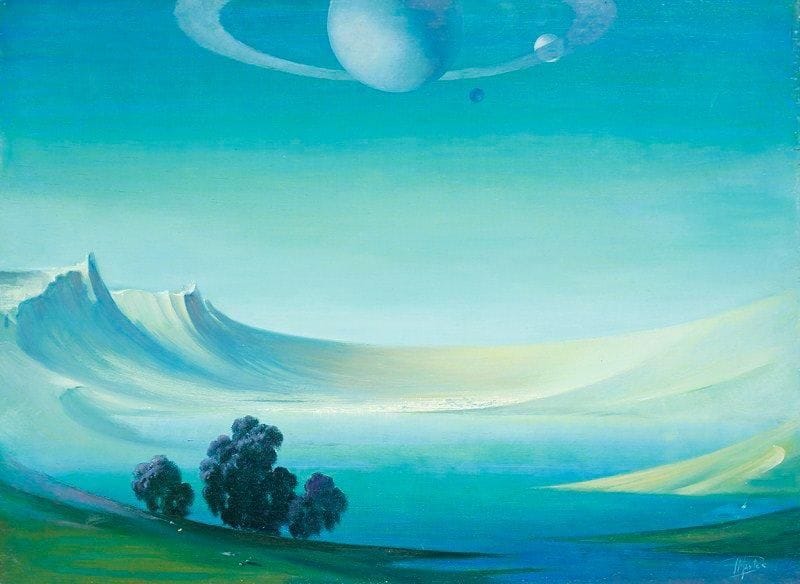 Paul MANTES (1921-2004)
Vallée fantastique Huile sur panneau. Signée en bas à droite. 60 x 81 cm