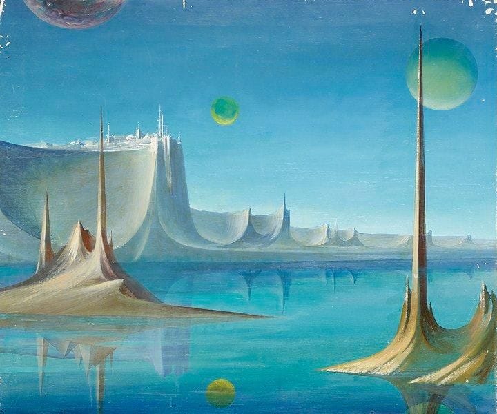 Paul MANTES (1921-2004)
Paysage fantastique au lac Huile sur toile. Non signée. Manques. 60 x 73 cm