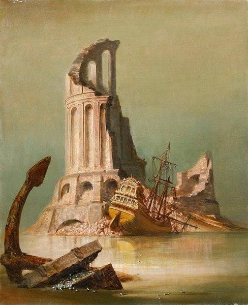 Paul MANTES (1921-2004)
Paysage fantastique au bateau échoué Huile sur toile. Non signée. Griffures et petits manques. 73 x 60 cm