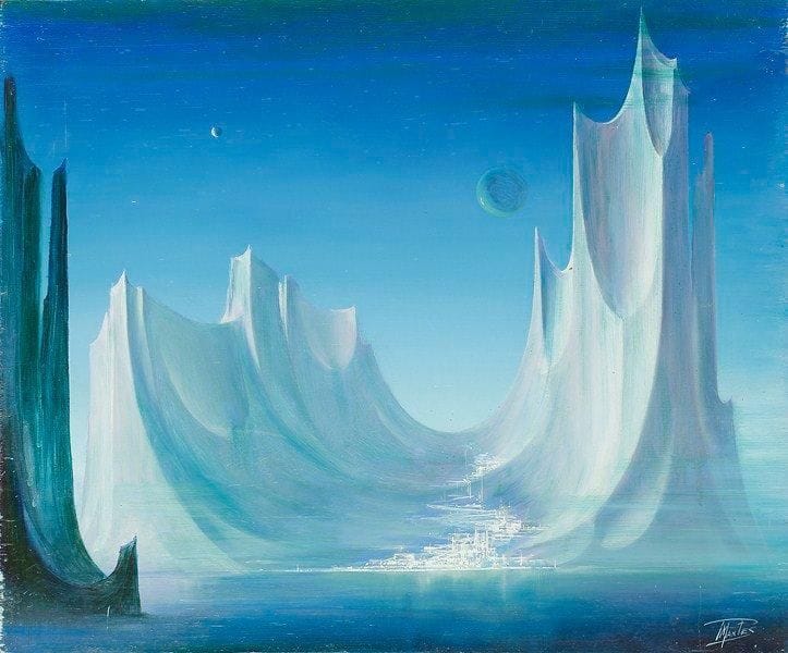 Paul MANTES (1921-2004)
Paysage fantastique bleu Huile sur panneau. Signée en bas à droite. 50 x 60 cm