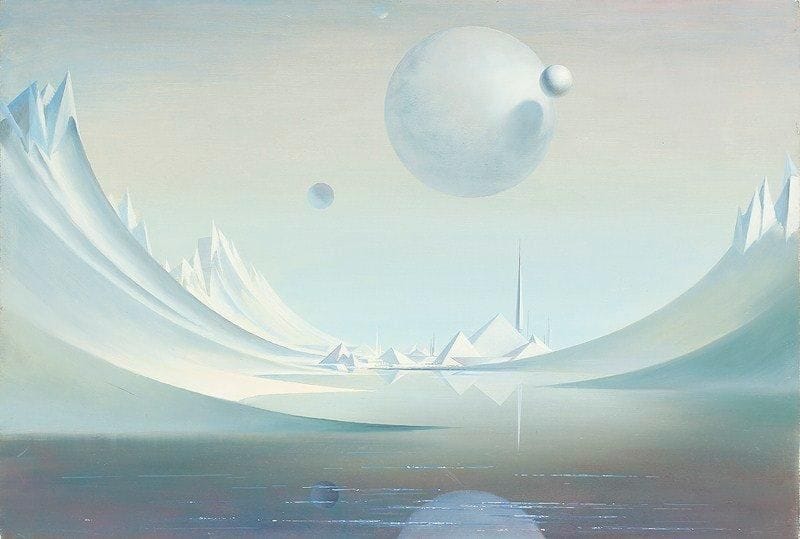 Paul MANTES (1921-2004)
Paysage fantastique aux lunes Huile sur toile. Non signée. 50 x 73 cm