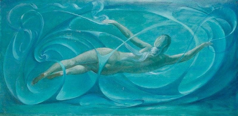 Paul MANTES (1921-2004)
Naïade Huile sur toile. Non signée. Salissures. 100 x 50 cm