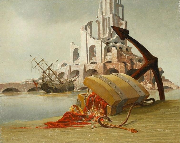 Paul MANTES (1921-2004)
Le trésor oublié Huile sur panneau. Non signée. 73 x 92 cm