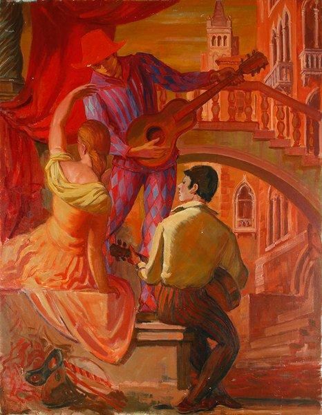Paul MANTES (1921-2004)
Venise - La sérénade Huile sur toile. Non signée. Petits manques. 146 x 114 cm