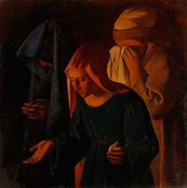 Paul MANTES (1921-2004)
Femmes éplorées Huile sur toile. Non signée. 80 x 80 cm