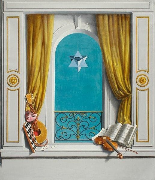 Paul MANTES (1921-2004)
Trompe-l'oeil - Fenêtre au rideau jaune Huile et collage sur toile. Non signée. Toile non montée. 216 x 195 cm