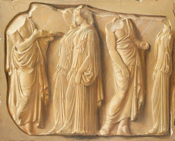 Paul MANTES (1921-2004)
Trompe-l'oeil - Femmes drapées Huile sur papier maroufl é sur toile. Non signée. Accidents. 81 x 100 cm