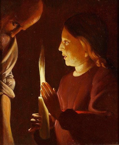 Paul MANTES (1921-2004)
D'après Georges de La Tour - Saint Joseph charpentier (détail) Huile sur carton toilé. Non signée. Autorisation de copier du Musée du Louvre au dos. 55 x 46 cm