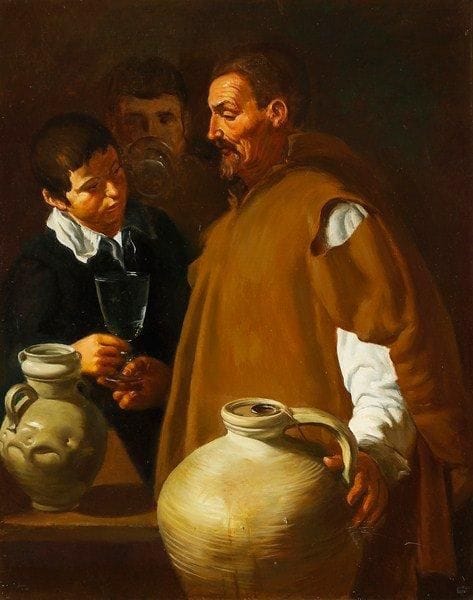 Paul MANTES (1921-2004)
D'après Velasquez - Le porteur d'eau Huile sur toile. Non signée. Autorisation de copier du Musée du Louvre au dos. 92 x 73 cm