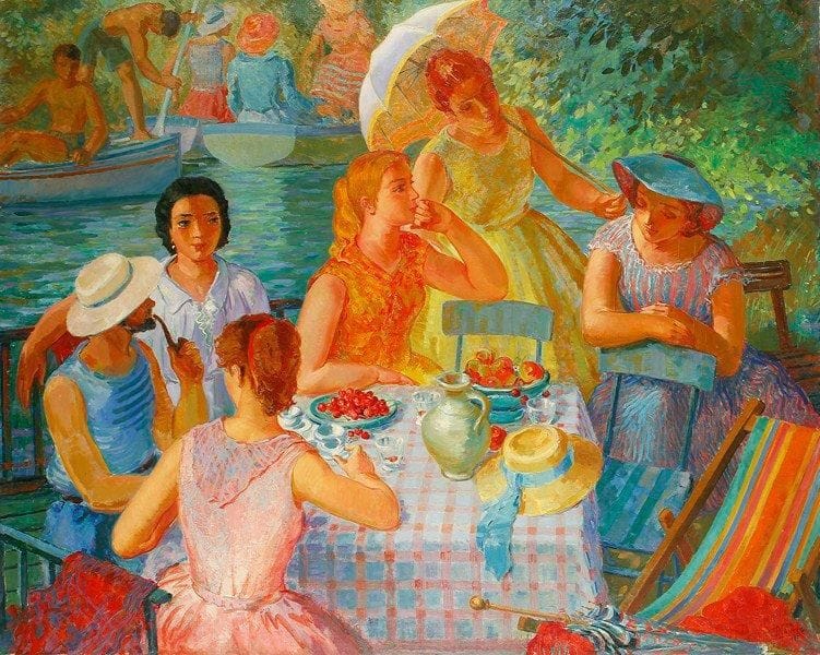 Paul MANTES (1921-2004)
Le déjeuner au bord de l'eau, 1987 Huile sur toile. Signée et datée en bas à droite. 130 x 162 cm