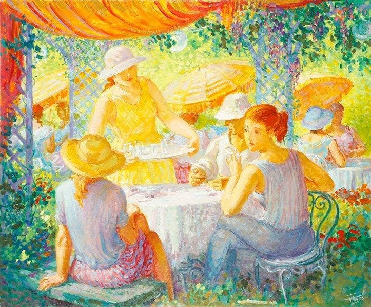 Paul MANTES (1921-2004)
Après-midi sous les tonnelles Huile sur toile. Signée en bas à droite. 81 x 100 cm