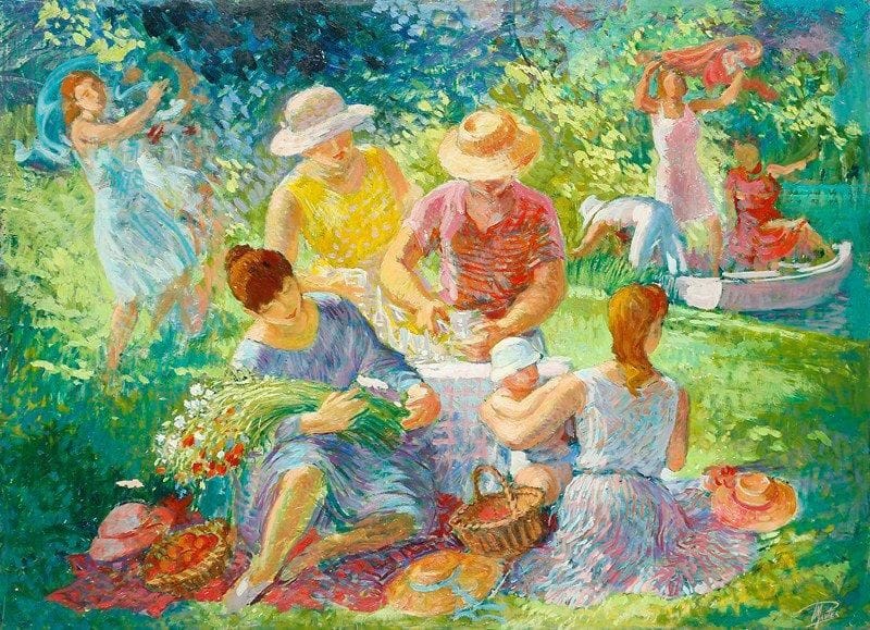 Paul MANTES (1921-2004)
Le déjeuner au bord de l'eau Huile sur panneau. Signée en bas à droite. Manques. 73 x 100 cm