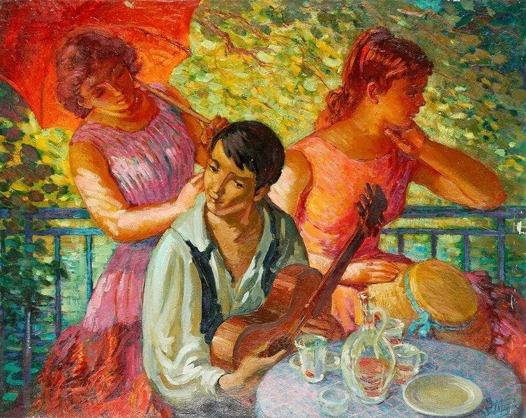 Paul MANTES (1921-2004)
La sérénade au goûter Huile sur toile. Signée en bas à droite. Manques. 73 x 92 cm