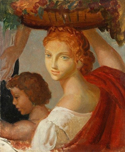 Paul MANTES (1921-2004)
Femme à la corbeille de fruit Huile sur toile. Non signée. Accidents. 61 x 50 cm