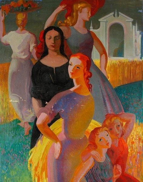 Paul MANTES (1921-2004)
Scène bucolique - L'été Huile sur toile. Non signée. Manques. 146 x 114 cm