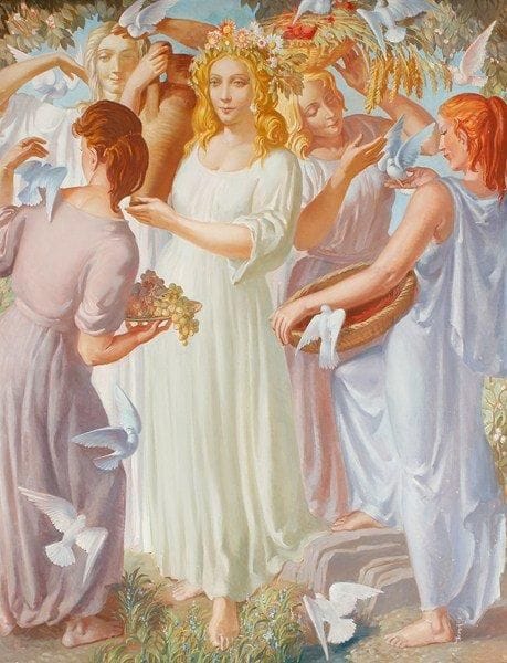 Paul MANTES (1921-2004)
Scène bucolique - Femmes aux oiseaux Huile sur toile. Non signée. Petits manques. 150 x 114 cm