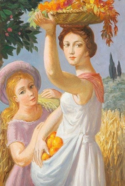 Paul MANTES (1921-2004)
Scène bucolique - Femmes à la corbeille de fruit Huile sur toile. Non signée. Rentoilage. 81 x 54 cm