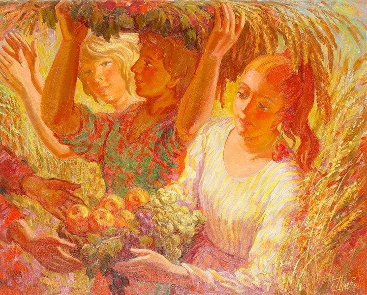 Paul MANTES (1921-2004)
Scène bucolique - Femmes aux fruits, 1982 Huile sur toile. Signée et datée en bas à droite. 73 x 92 cm