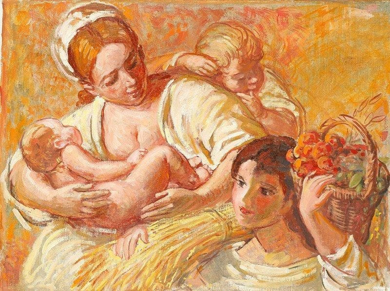 Paul MANTES (1921-2004)
Scène bucolique - La nourricière Huile sur toile. Non signée. 60 x 80 cm