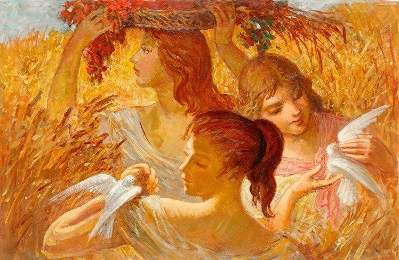 Paul MANTES (1921-2004)
Scène bucolique - Femmes aux colombes Huile sur toile. Non signée. 60 x 92 cm