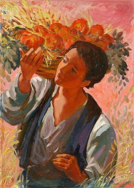 Paul MANTES (1921-2004)
Jeune homme à la corbeille de fruits Huile sur toile montée sur panneau. Signée en bas à droite. Accidents. 81 x 60 cm