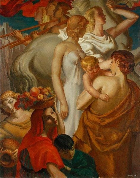 Paul MANTES (1921-2004)
La parade, 1953 Huile sur toile. Signée et datée en bas à droite. 146 x 116 cm