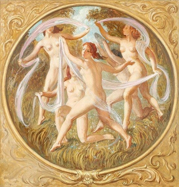 Paul MANTES (1921-2004)
La danse des nymphes - Tondo Huile sur toile. Non signée. 80 x 80 cm