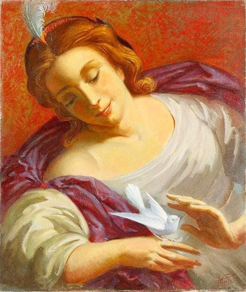Paul MANTES (1921-2004)
Femme à l'oiseau blanc Huile sur toile. Signée en bas à droite. 55 x 46 cm