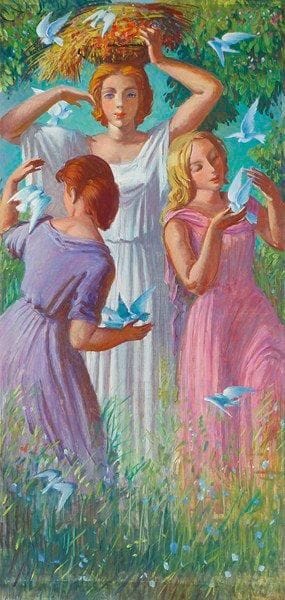 Paul MANTES (1921-2004)
Trois femmes aux oiseaux Huile sur papier. Non signée. Déchirures et plis. 119 x 68 cm