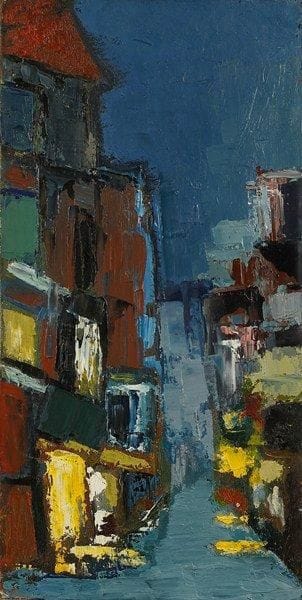 Claude CANDELA (1924-2001)
La rue la nuit, 1944 Huile sur toile. Datée au dos. 36 x 18 cm Claude Candela est né le 12 mai 1924 à Paris. Issu d'une famille de musiciens, il se destine naturellement à vivre de la musique et entre au Conservatoire de Paris en 1942. En 1943, il rencontre Émile-Othon Friesz à qui il présente quelques toiles. Les encouragements qu'il reçoit de ce dernier s'avèrent déterminants. La peinture qui jusque-là n'avait été pour lui qu'une distraction passe au premier plan. Il peint la nuit et joue la journée. En 1952, il expose pour la première fois au Salon des Indépendants dont il devient sociétaire en 1954. Il y exposera jusqu'à la fin de sa vie. La fin des années 50 constitue une période d'intense activité picturale. A partir de 1955, il expose à la galerie La Cimaise à Paris. En 1958, les visites-conférences du Ministère de l'Éducation Nationale l'amènent à formuler ses idées à un groupe de visiteurs qui peut, dans son atelier, découvrir une production déjà importante. En 1962, la société des Artistes Indépendants Bordelais, à laquelle appartient Roger Bissière, le nomme, lors de son 38e Salon, sociétaire d'honneur. Cette même année, ses entretiens fréquents avec André Lhote, dont l'amitié et l'enseignement lui seront précieux, lui permettent de franchir une étape importante dans son évolution. A l'instar d'un artiste comme Manessier, Claude Candela est fortement imprégné par les paysages et la lumière qu'il rencontre lors de ses voyages (Venise, New York, la mer du Nord ou Paris la nuit). Il y consacre la majorité de ses toiles. En 1968, il est invité par l'Institut français de Munich à participer à une exposition d'arts graphiques où figurent notamment les peintres Manessier, Brayer et Carzou. En 1972, dans la revue Le Peintre, le critique d'art Jean Chabanon écrit à son sujet: « Candela est maintenant tout à fait maître de ses formes et de ses couleurs ». Entre 1975 et 1983, plusieurs expositions personnelles lui sont consacrées dans des galeries parisiennes (galer