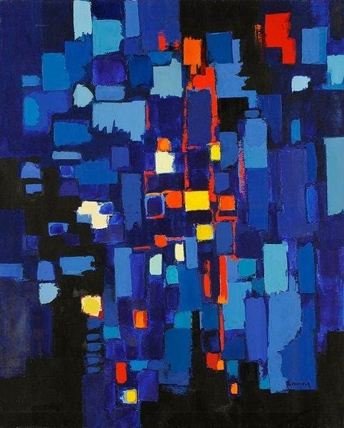 Claude CANDELA (1924-2001)
La nuit la ville, 1985 Huile sur toile. Signée en bas à droite. Signée, datée et titrée au dos. 100 x 81 cm