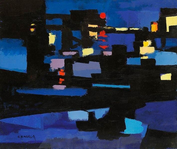 Claude CANDELA (1924-2001)
Le port la fin du jour l'été, 1988 Acrylique sur toile. Signée en bas à gauche. Signée, datée et titrée au dos. 46 x 55 cm