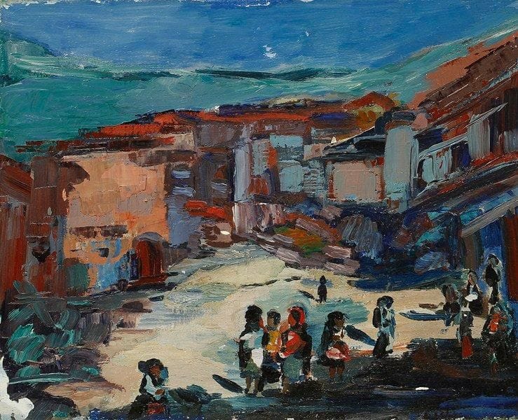 Claude CANDELA (1924-2001)
La place du village, 1950 Huile sur toile. Signée, datée et titrée au dos. Petits manques. 22 x 27 cm