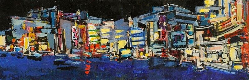 Claude CANDELA (1924-2001)
Ville la nuit, vers 1960 Huile sur isorel. Non signée. 25 x 76 cm