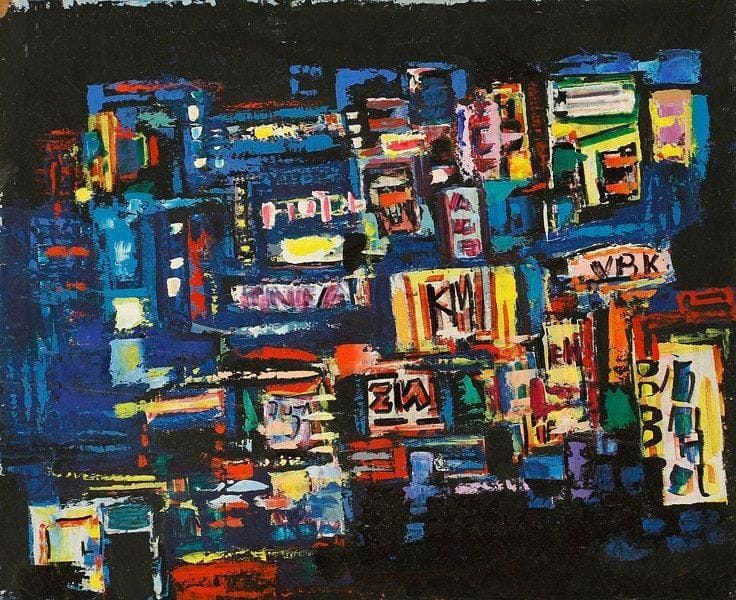 Claude CANDELA (1924-2001)
Ville la nuit, vers 1960 Huile sur isorel. Signée au dos. 50 x 61 cm