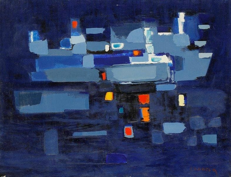 Claude CANDELA (1924-2001)
La nuit le bâteau, 1980 Huile sur toile. Signée en bas à droite. Signée, datée et titrée au dos. 50 x 65 cm