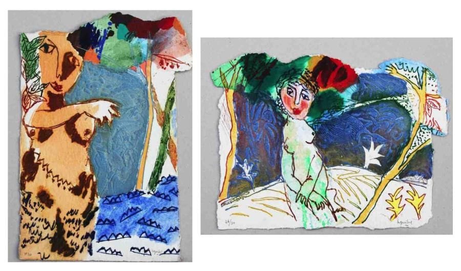 Henri Guibal (né en 1947)
Aloès blanc - La chaleur bleue Gravures au carborundum. Collages et rehauts de peinture. Signées en bas à droite. Tirages à 30 exemplaires. Env 45 x 33 cm 2 pièces. Vendues en 1 seul lot.