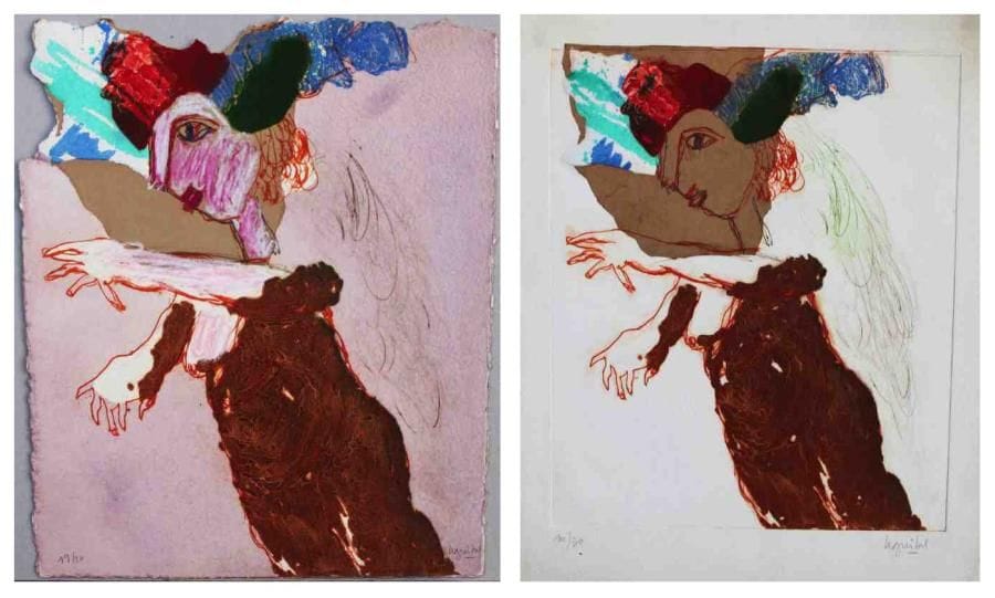 Henri Guibal (né en 1947)
Un guipsienne Gravure au carborundum. Collage et rehauts de peinture. Signée en bas à droite. Tirage à 30 exemplaires. 56 x 46 cm 2 versions. 3 exemplaires proposés. Seront divisés.