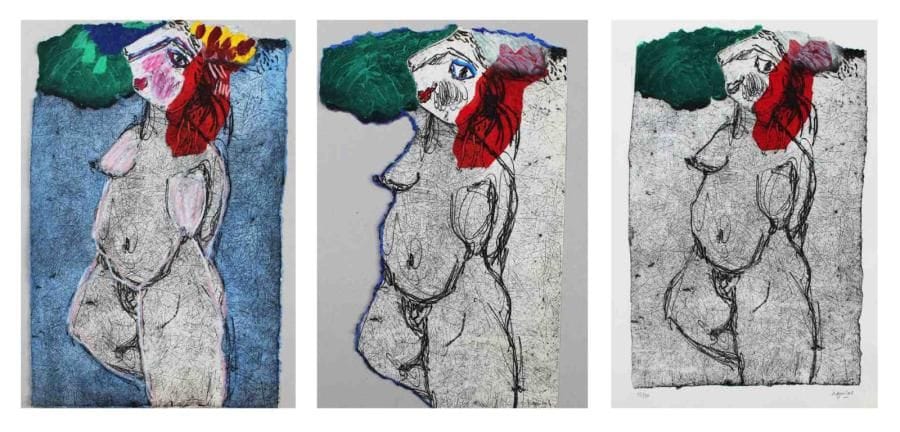 Henri Guibal (né en 1947)
J'attends Gravure au carborundum. Rehauts de peinture. Signée en bas à droite. Tirage à 50 exemplaires. 76 x 48 cm 3 versions. 3 exemplaires proposés. Seront divisés.