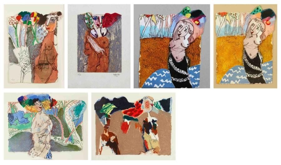 Henri Guibal (né en 1947)
Je viens - L'eau tiède (2) - La surprise - Sans titres (3) Gravures au carborundum. Collages et rehauts de peinture. Signées en bas à droite. Tirages à 30 exemplaires. Formats divers. 7 pièces. Vendues en 1 seul lot.
