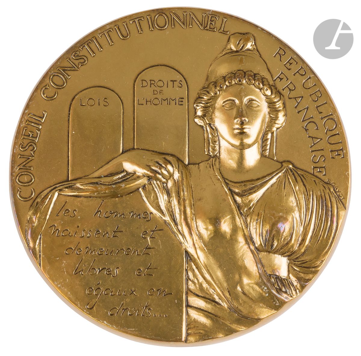 FRANCE
Médaille en bronze par R. Mayot.
République française. Conseil constitutionnel.
Lois et droits de l’homme.
Diamètre : 82 mm
T.T.B.