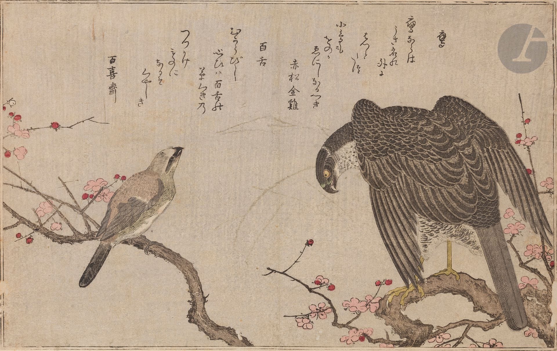 Kitagawa Utamaro (1753-1806), page from the book Myriad of birds: a kyoka contest, Momochidori kyoka awase-百千鳥狂歌合, Japan, ca. 1790 for the first editionEstamp
, ink and polychrome on paper. A magpie and a hawk on branches of plum trees in bloom, decoration accompanied by a kyoka poem by Hyakkisai Morikado - 百喜斎森角 and another by Akamatsu Kinkei - 赤松金鶏.
Publisher: Tsutaya Jûzaburô.
23,5 x 37,4 cmWith
a

lining.



