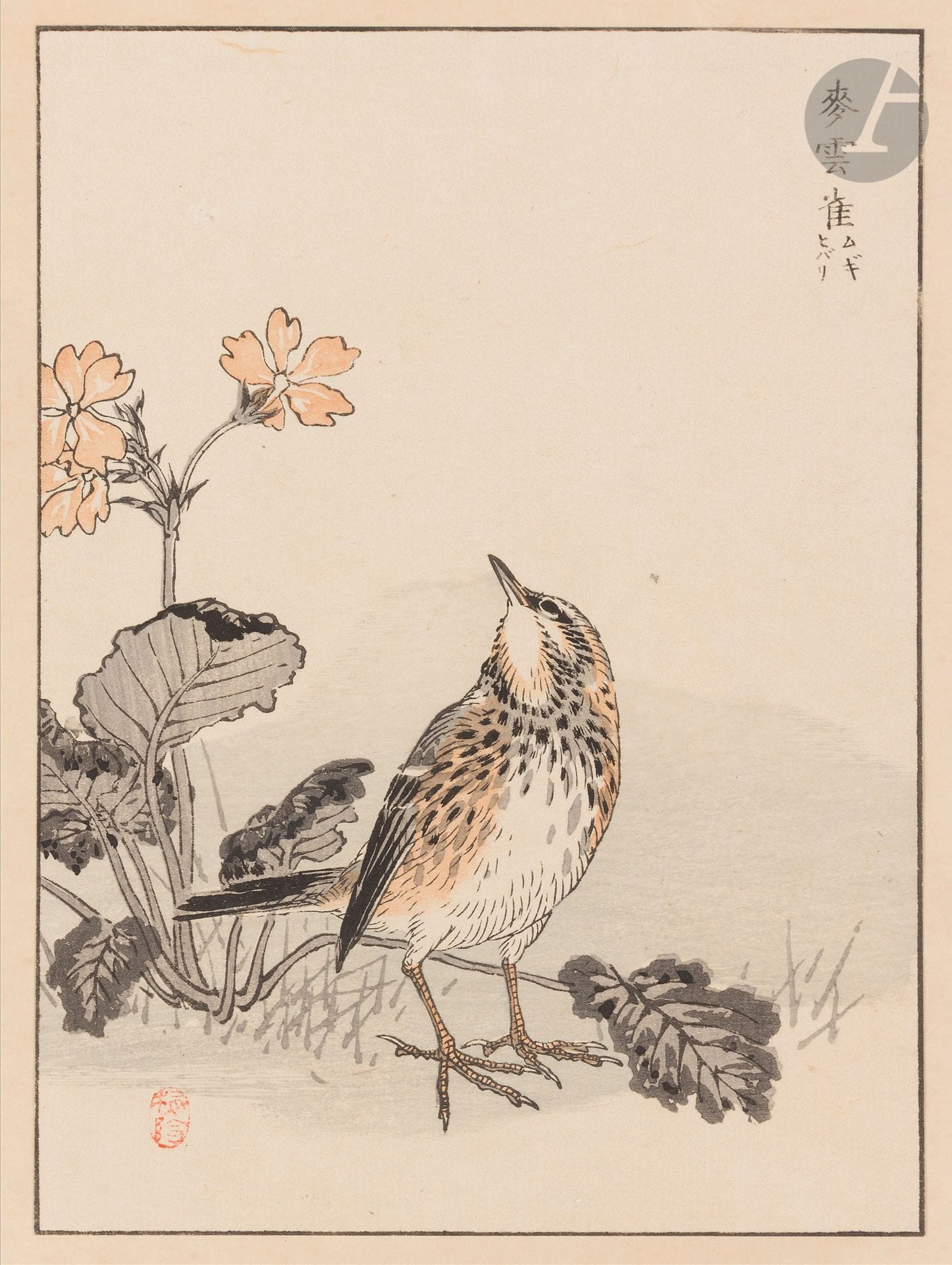 Kono Bairei (1844-1895), Japan, ca. 1881/1884Estamp
, ink and polychrome on paper, book page from Bairei's Hundred Birds Picture Album, Bairei hyakucho gafu 楳嶺百鳥畫譜.
Plate: lark, mugi hibari-麥雲雀.
20.2 x 14.3 cm



