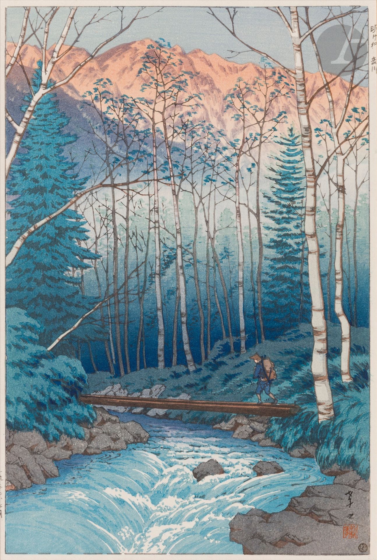 Itô Takashi (1894-1982), La rivière Takagawa à l’aube, Akeyuku Takegawa - 明け行く岳川
Estampe, encre et polychromie sur papier format ôban tate e représentant un voyageur passant sur un pont de fortune au-dessus d’une rivière bouillonnante.
Datée juillet 1932 dans la marge gauche. Signée sur l’estampe en bas à droite avec sceau de l’artiste.
Cachet de l’éditeur Watanabe Shozaburo en bas à droite de l’estampe sous la signature.
Dim. à vue : 37,3 x 24,9 cm
Collée sur un support en carton, marie-louise collée sur l’estampe, légèrement insolée.
