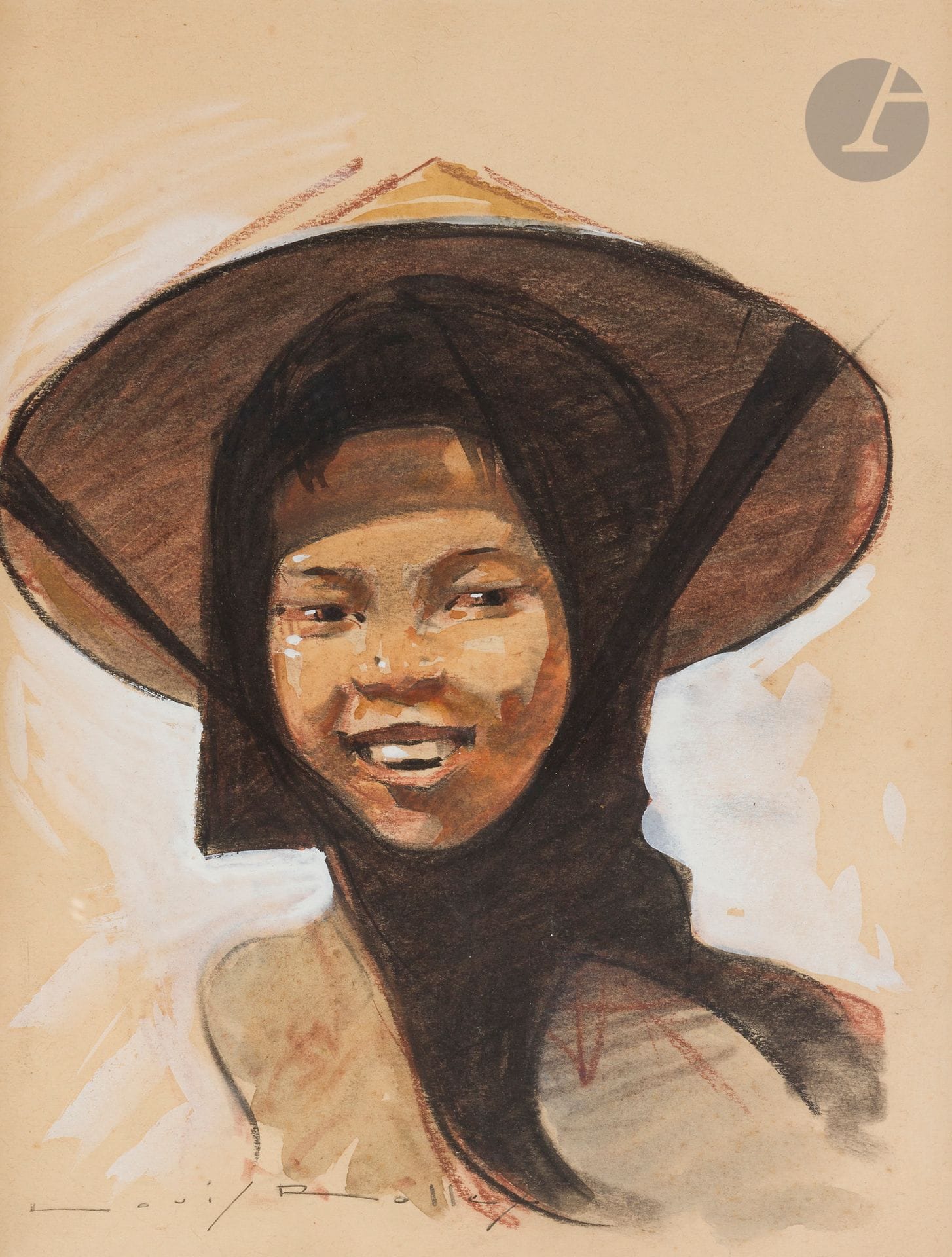 Louis ROLLET (1895-1988
)Portrait of a young Vietnamese girl wearing a traditional nón hatWatercolor
and charcoal on paper.
Signed lower left.
31 x 24 cm



