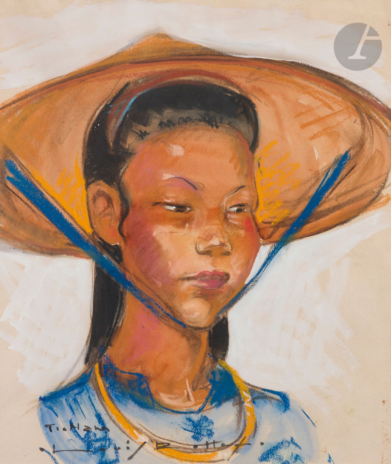 Louis ROLLET (1895-1988)
Portrait de jeune fille vietnamienne portant un chapeau traditionnel nón
Gouache et aquarelle sur papier.
Signée en bas à gauche.
43 x 37 cm