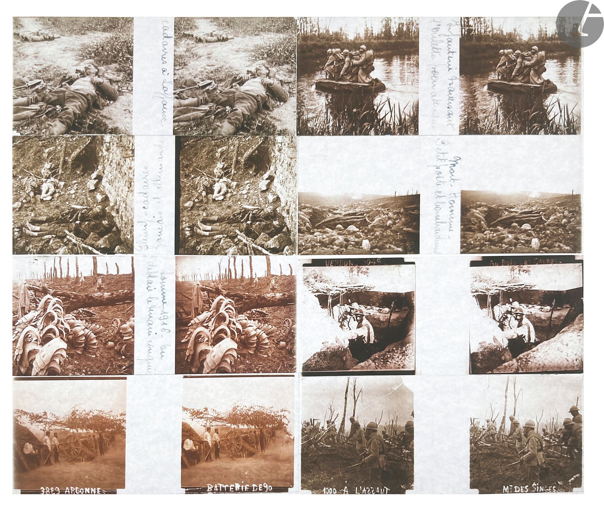 Unidentified amateur photographer 
World War I and after, c. 1910-1930. 
Trenches. Bombed out trenches. Capture of Courcelles. German advance. Shells. Verdun. German corpses dug up by shells. Foch, Joffre, Deschanel, Clémenceau at the victory celebrations. Skirmishers. Bombardment. Argonne. Battle of the Somme. Fort of Vaux. Mount of the Monkeys. Champagne. Infantry. Capture of Montdidier. Signing of the Treaty of Versailles. Religious ceremony. Navy. Port. Parade. Funeral of Marshal Foch.
About 110 stereoscopic silver bromide gelatin silver plates, positive and negative, preserved in their original boxes. Many handwritten legends on the plates. 
Sizes : from 4 x 11 to 8,5 x 17 cm 

Four stereoscopic viewers (Verascope Richard - Emil Buch, rathenow - Sterescope Unis France) and a stereoscopic camera (Monobloc, V. Lièbe) are joined

. 

 

Unidentified photographer 
First world war, c. 1914-1930. 
Trenches. Bombed out trenches. Capture of Courcelles. German advance. Shells. Verdun. German corpses killed by shells. Foch, Joffre, Deschanel, Clémenceau at the victory party. Skirmishers. Bombardment. Argonne. Battle of the Somme. Fort of Vaux. Mount of the Monkeys. Champagne. Infantry. Capture of Montdidier. Signing of the Treaty of Versailles. Religious ceremony. Navy. Port. Parade. Funeral of Marshal Foch.
About 110 silver gelatin stereoscopic glass plates (positive and negative) in their original boxes. Many handwritten captions on the plates. 
Dimensions : from 4 x 11 to 8,5 x 17 cm 

Included four stereoscopic viewers (Verascope Richard - Emil Buch, rathenow - Sterescope Unis France) and a stereoscopic camera (Monobloc, V. Lièbe)













.
